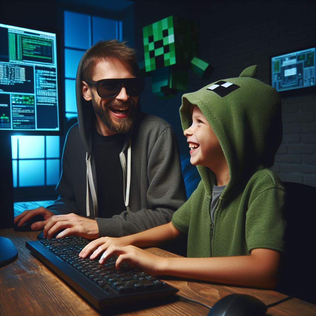 DALL·E 3 generiertes Bild, Prompt: Hacker Dad, der mit seinem Sohn Minecraft spielt und viel Spaß dabei hat.